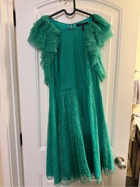 BCBGMaxAzria Emerald Green Lace Ruffle-Sleeve Dress